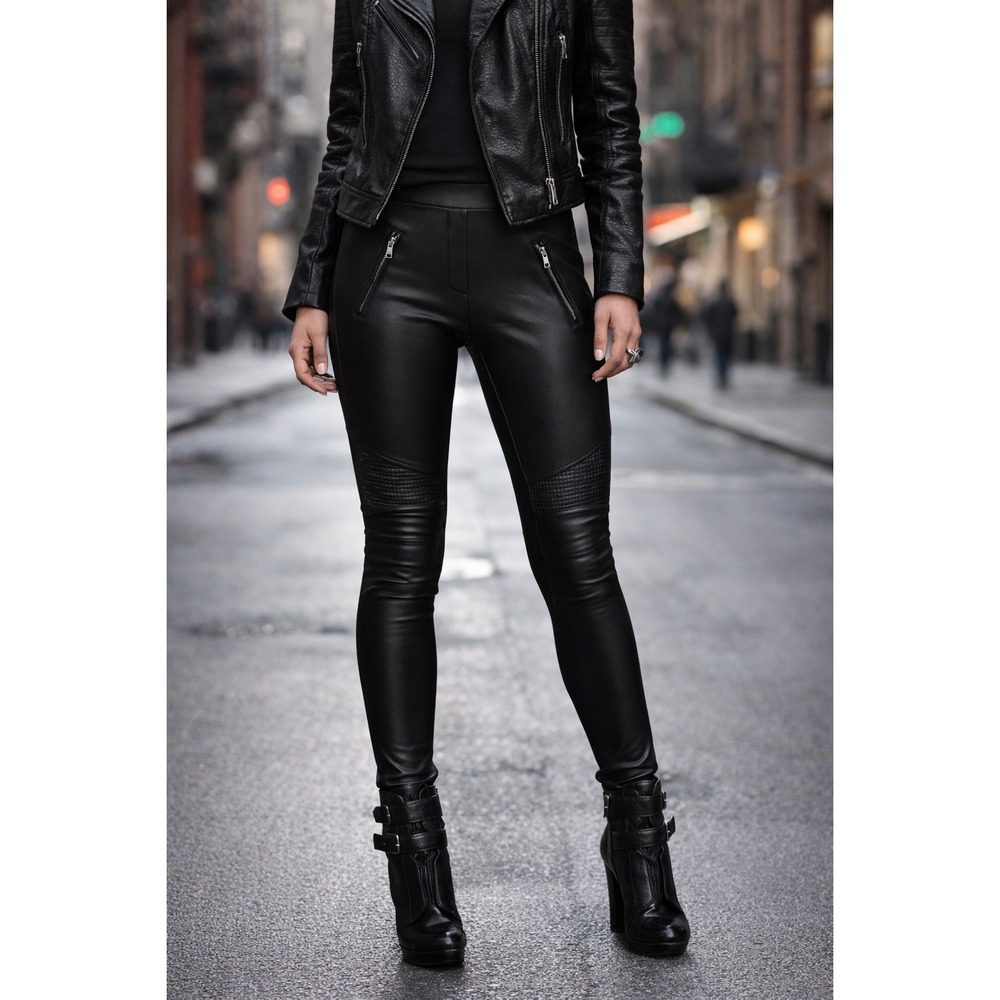 BCBGMAXAZRIA Faux Leather Moto Leggings Black Zip Pocket Stretch Skinny M